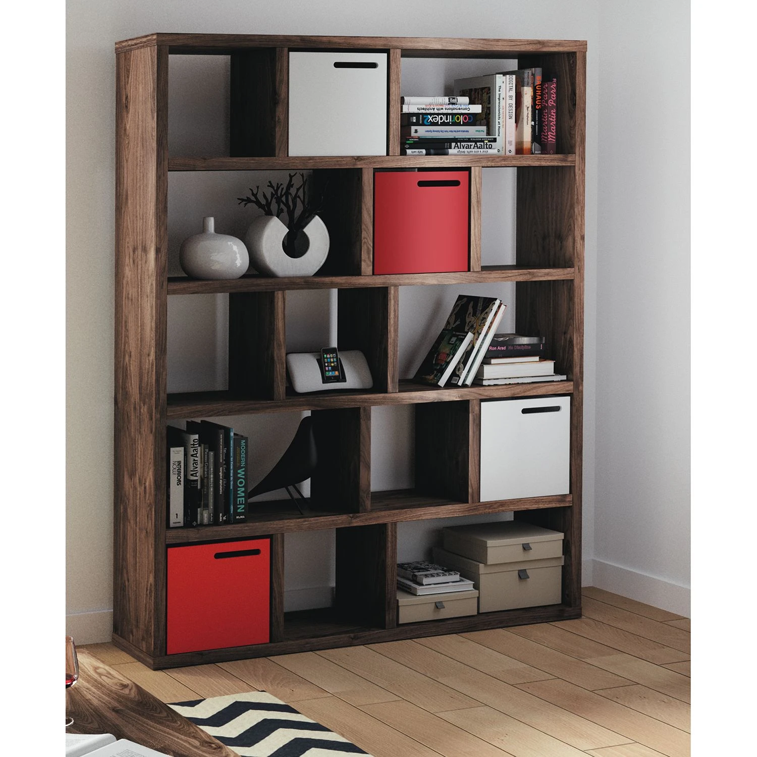 Temahome Étagère Berlin - Blanc mat - Placage noyer véritable - 150 x 159 cm – Image 5